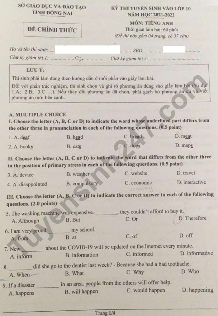 Đề thi vào lớp 10 môn tiếng Anh Đồng Nai 2021