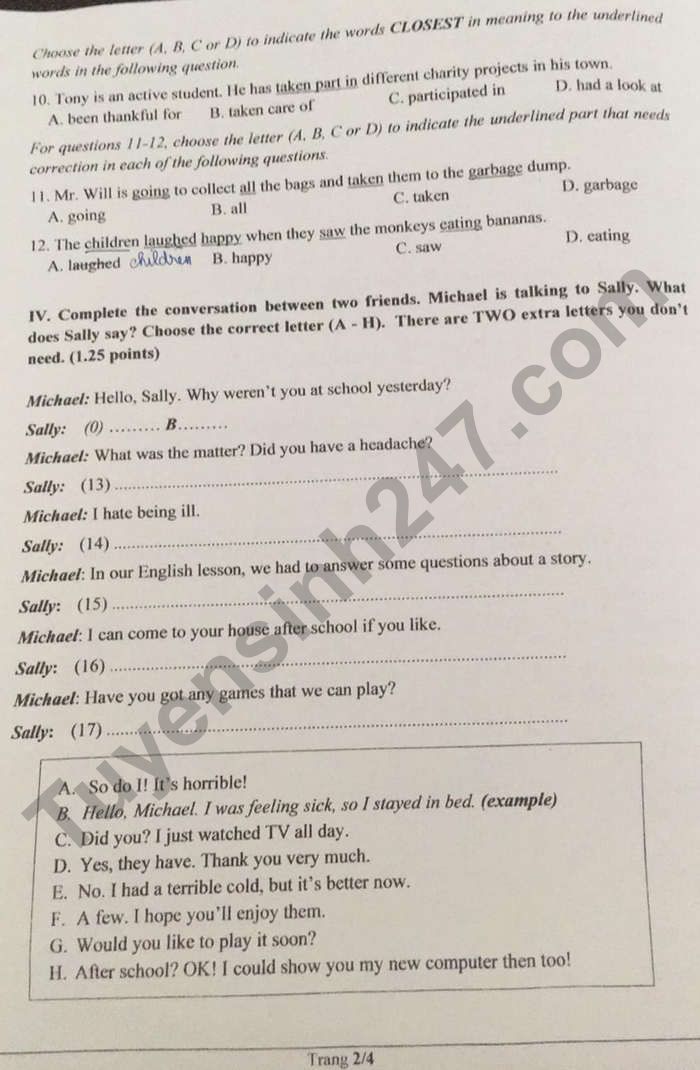 Đề thi vào lớp 10 môn tiếng Anh Đồng Nai 2021