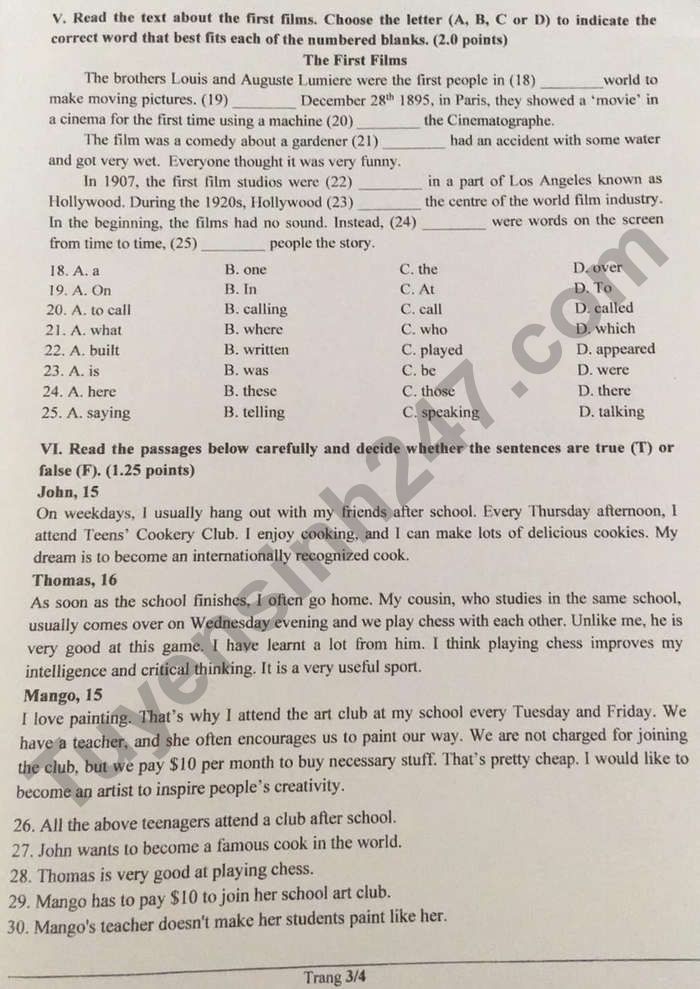 Đề thi vào lớp 10 môn tiếng Anh Đồng Nai 2021