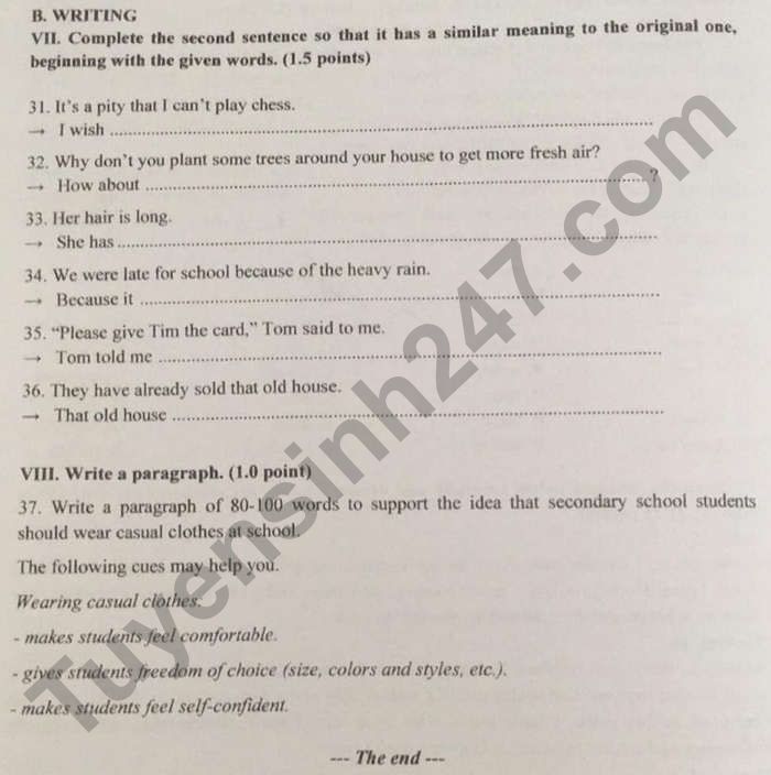 Đề thi vào lớp 10 môn tiếng Anh Đồng Nai 2021