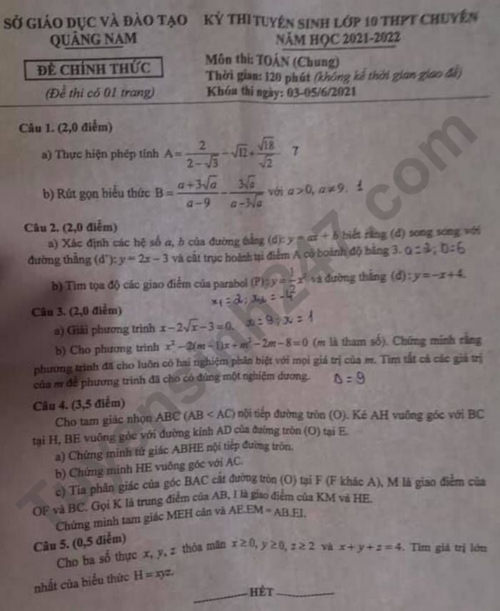 Dap an de thi vao lop 10 THPT chuyen mon Toan - Quang Nam 2021