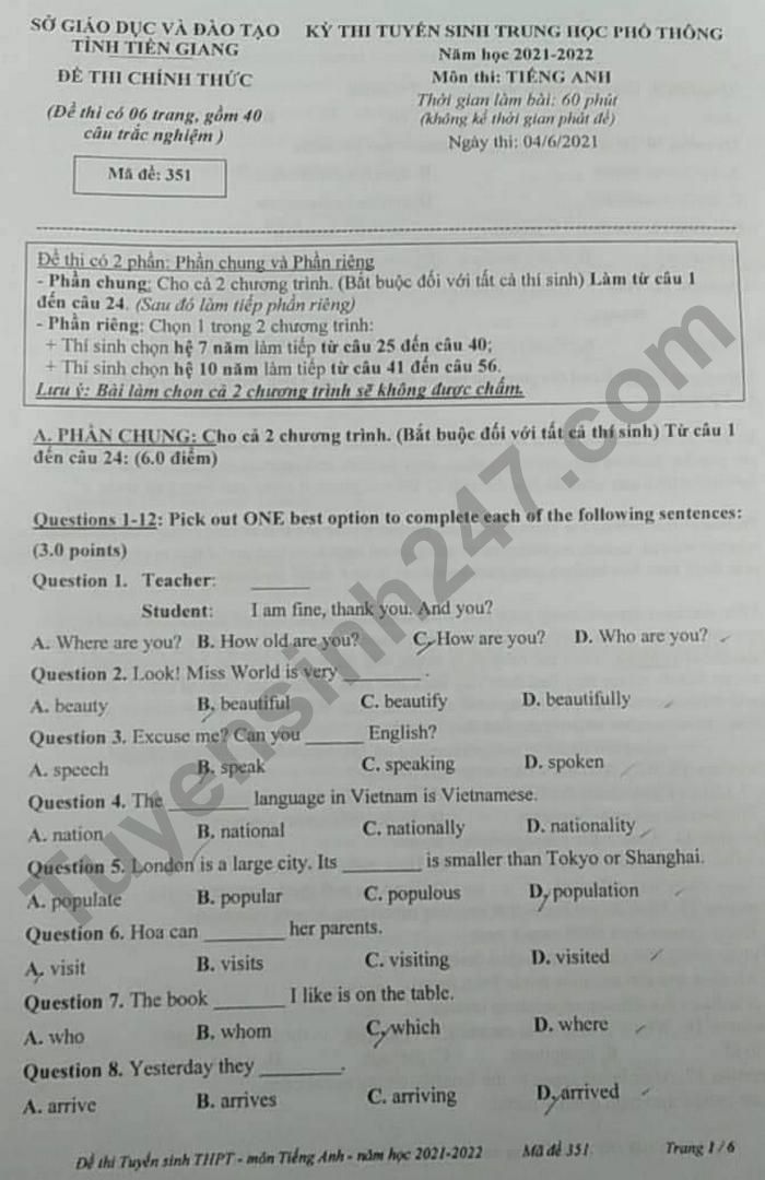 Dap an de thi vao lop 10 mon Anh tinh Tien Giang 2021