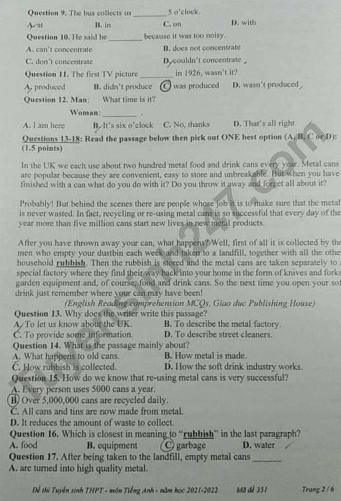 Dap an de thi vao lop 10 mon Anh tinh Tien Giang 2021