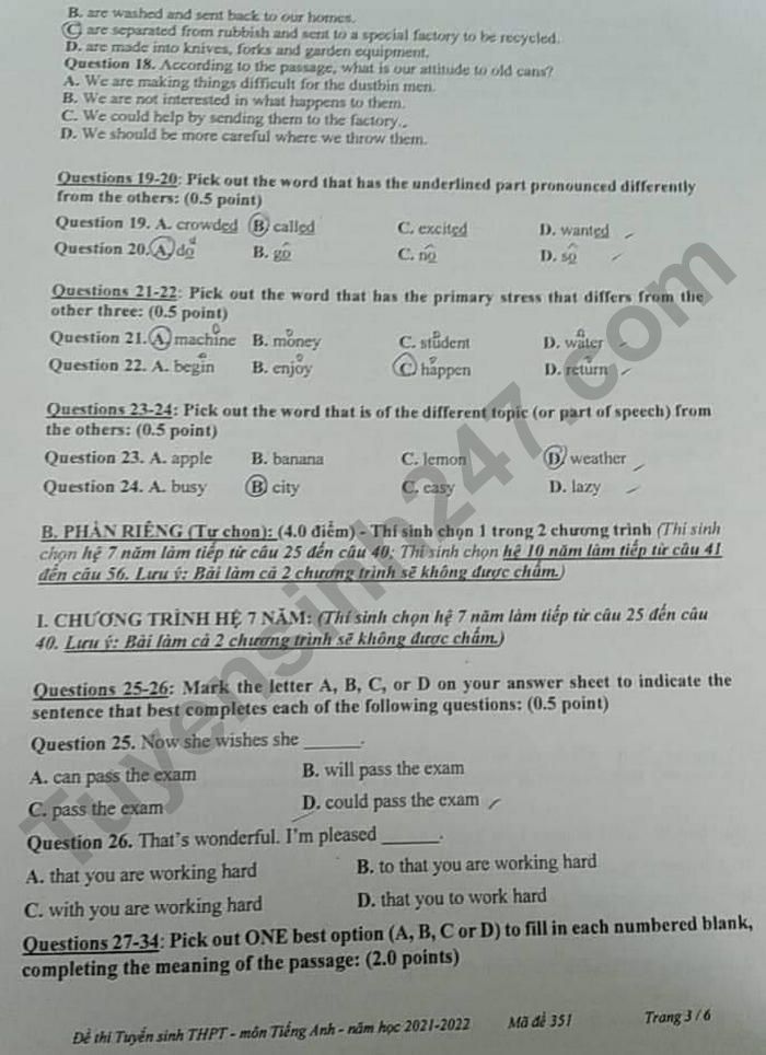 Dap an de thi vao lop 10 mon Anh tinh Tien Giang 2021