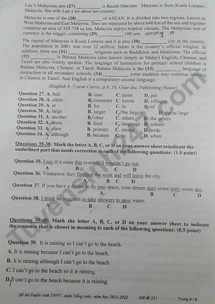 Dap an de thi vao lop 10 mon Anh tinh Tien Giang 2021