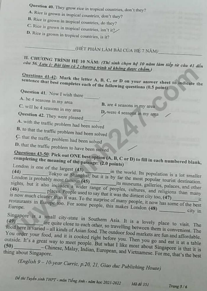 Dap an de thi vao lop 10 mon Anh tinh Tien Giang 2021