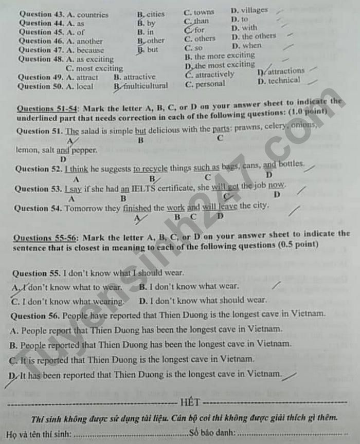 Dap an de thi vao lop 10 mon Anh tinh Tien Giang 2021