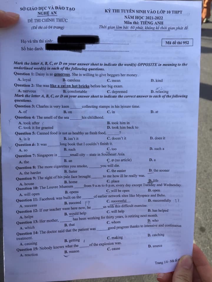 Đề thi Tiếng Anh vào lớp 10 Nghệ An 2021