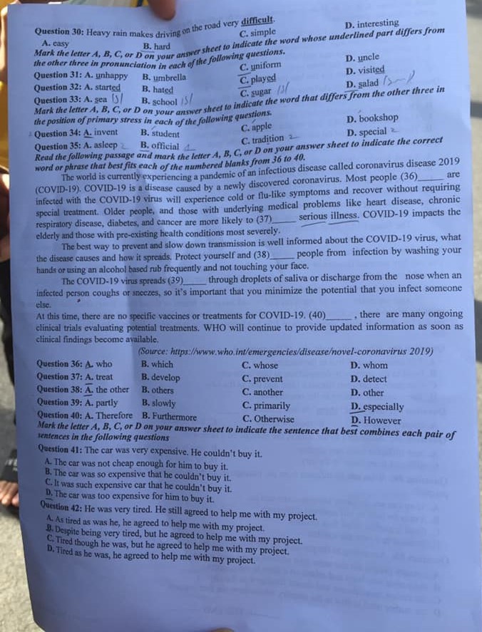 Đề thi Tiếng Anh vào lớp 10 Nghệ An 2021