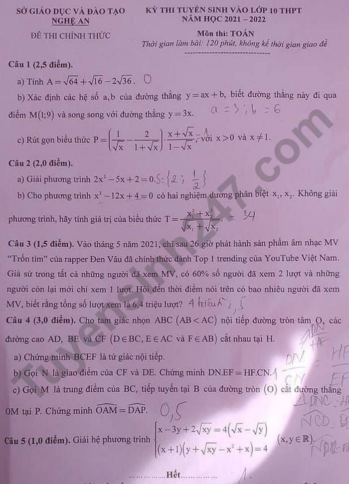 Dap an de thi vao lop 10 mon Toan tinh Nghe An 2021