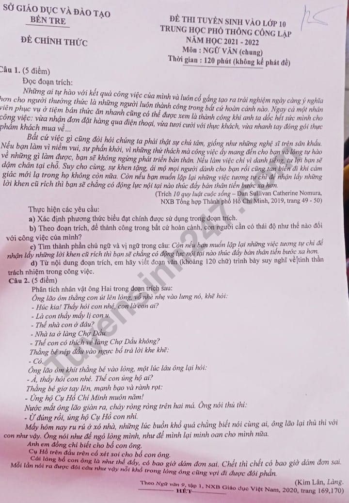 Dap an de thi vao lop 10 mon Van 2021 tinh Ben Tre