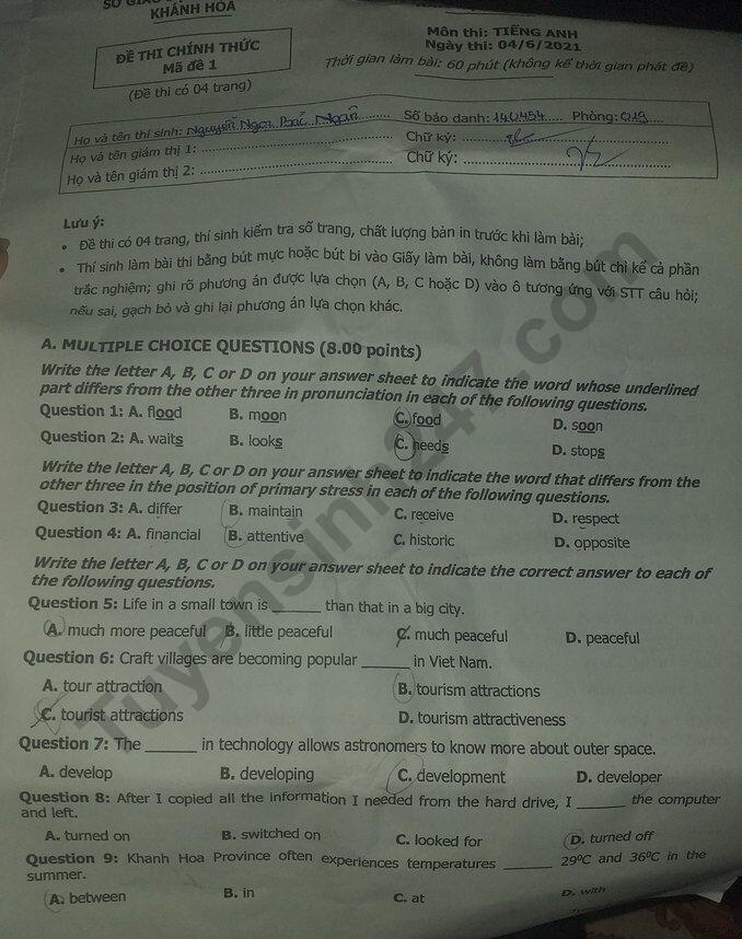 Đáp án đề thi vào lớp 10 môn tiếng anh tỉnh khánh hòa năm 2021