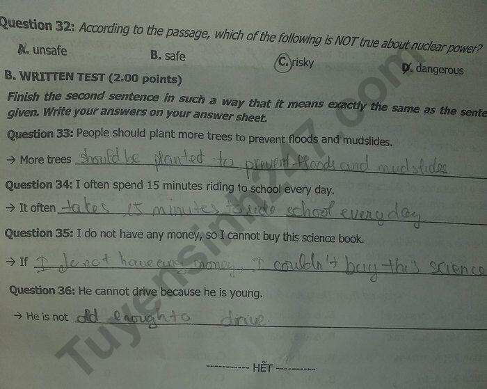 Đáp án đề thi vào lớp 10 môn tiếng anh tỉnh khánh hòa năm 2021