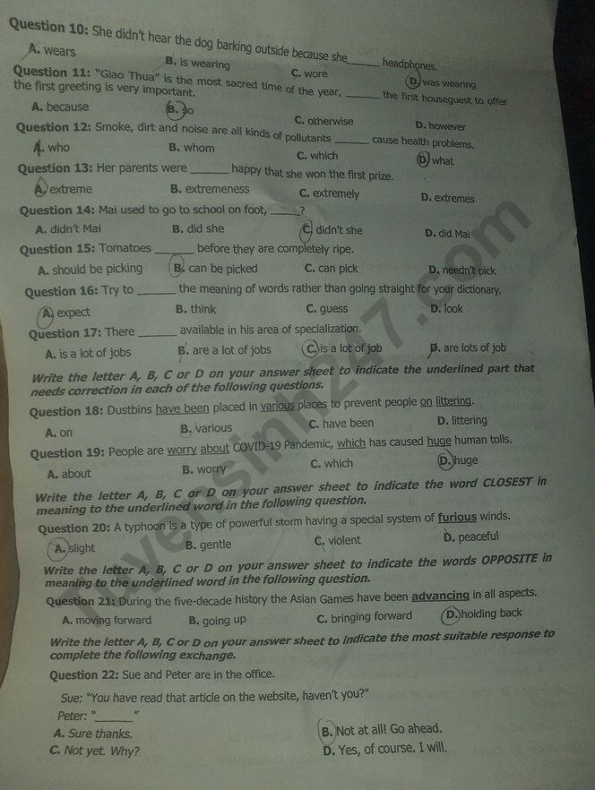 Đáp án đề thi vào lớp 10 môn tiếng anh tỉnh khánh hòa năm 2021