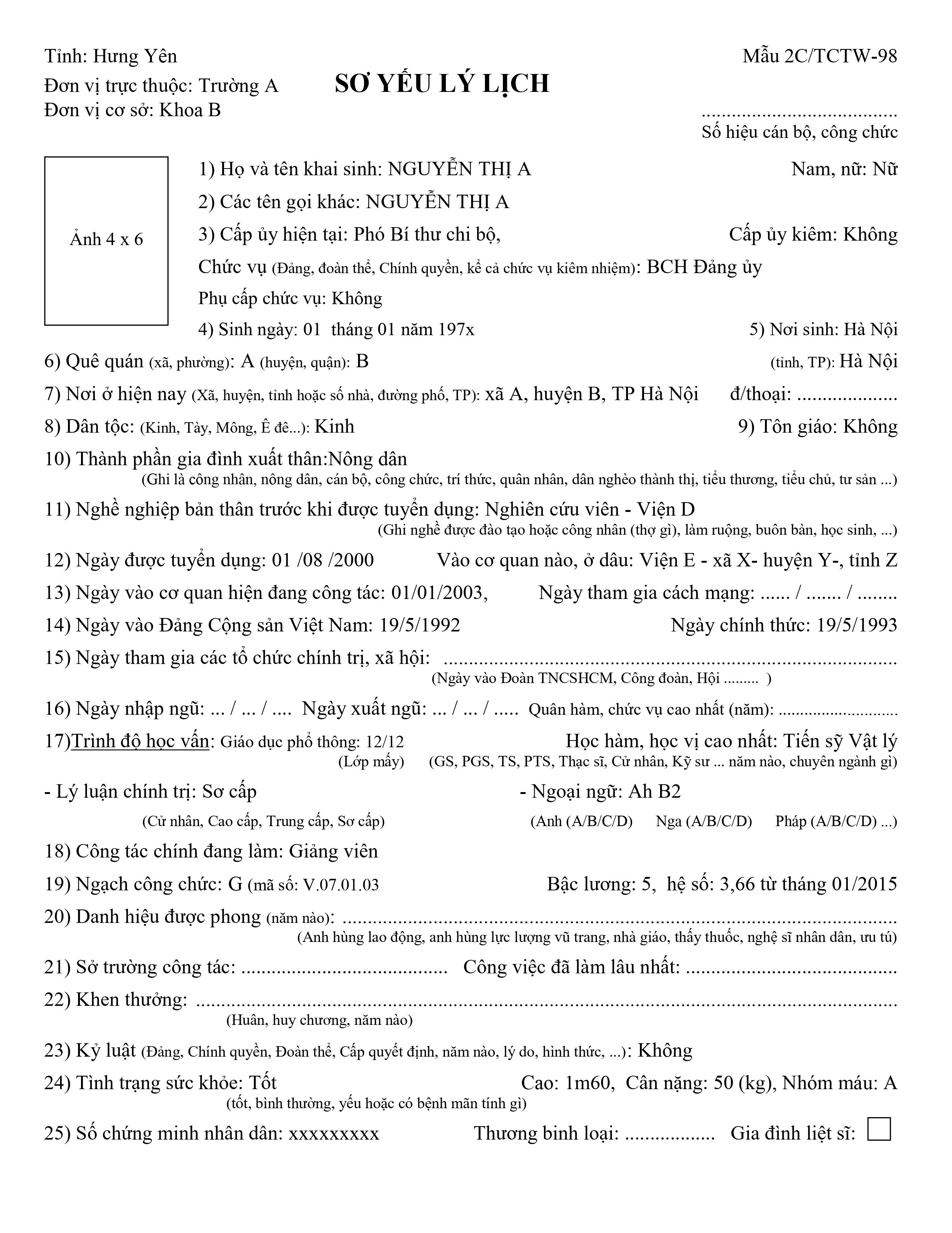 Mẫu 2C/TCTW-98: Sơ yếu lí lịch