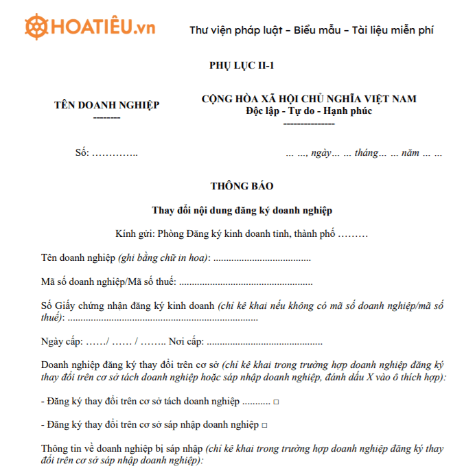 Mẫu thông báo thay đổi ngành nghề kinh doanh - Phụ lục II-1