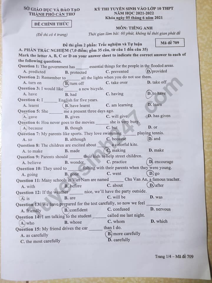 Đề thi tuyển sinh lớp 10 môn Anh 2021 Cần Thơ