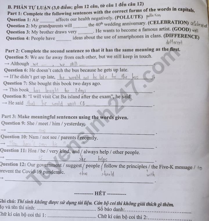 Đề thi tuyển sinh lớp 10 môn Anh 2021 Cần Thơ