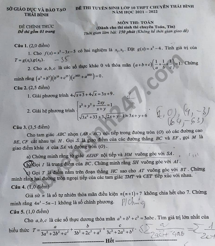De thi vao lop 10 THPT chuyen tinh Thai Binh mon Toan nam 2021