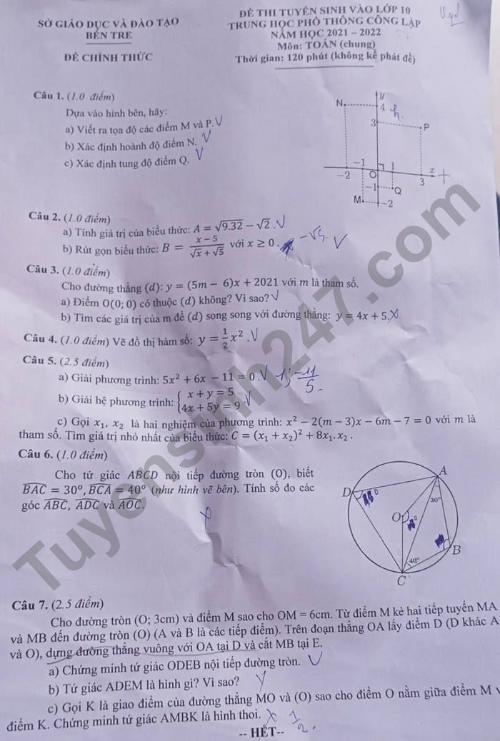 Đề thi tuyển sinh lớp 10 môn Toán 2021 Bến Tre
