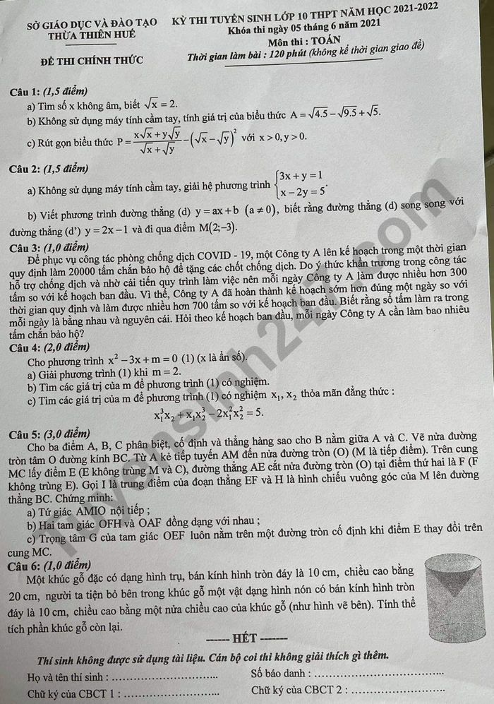 Đề thi tuyển sinh lớp 10 môn Toán 2021 Thừa Thiên Huế