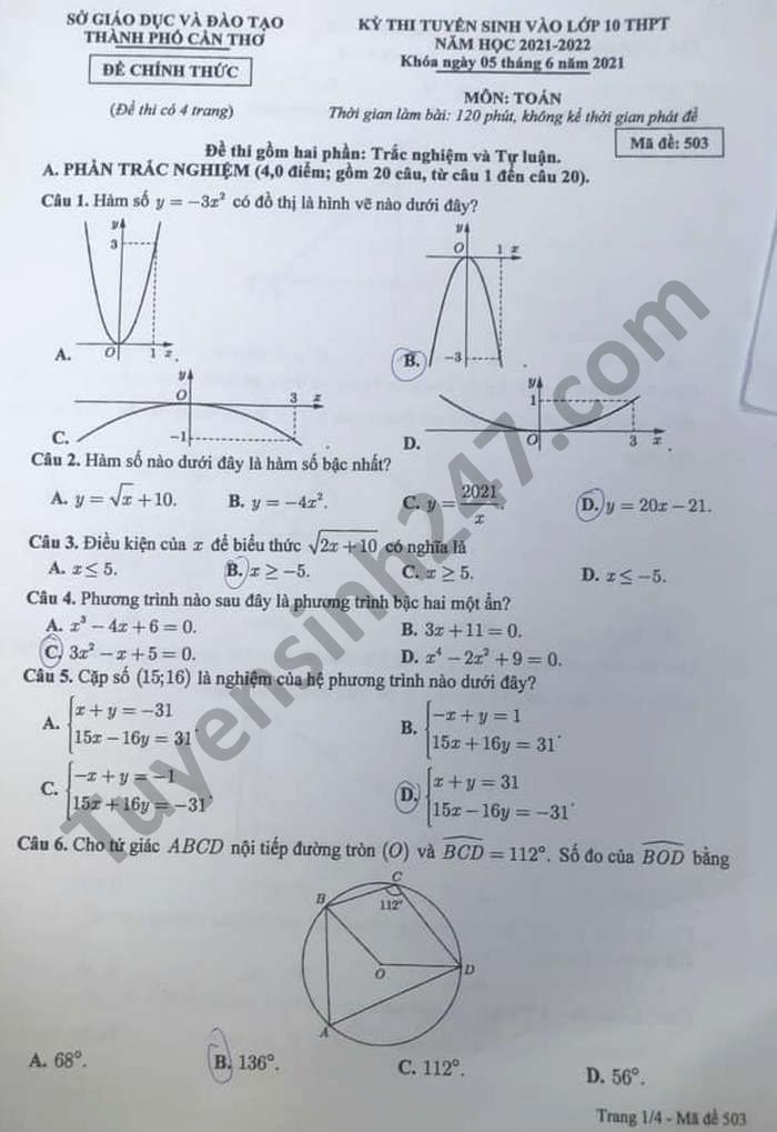Đề thi tuyển sinh lớp 10 môn Toán 2021 Cần Thơ