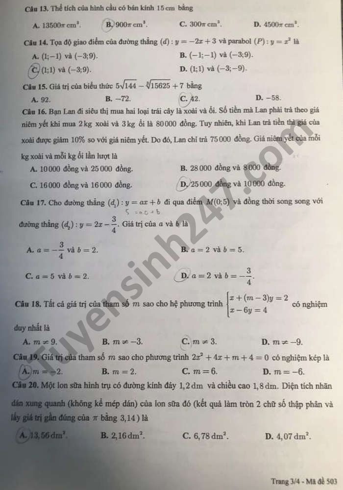 Đề thi tuyển sinh lớp 10 môn Toán 2021 Cần Thơ