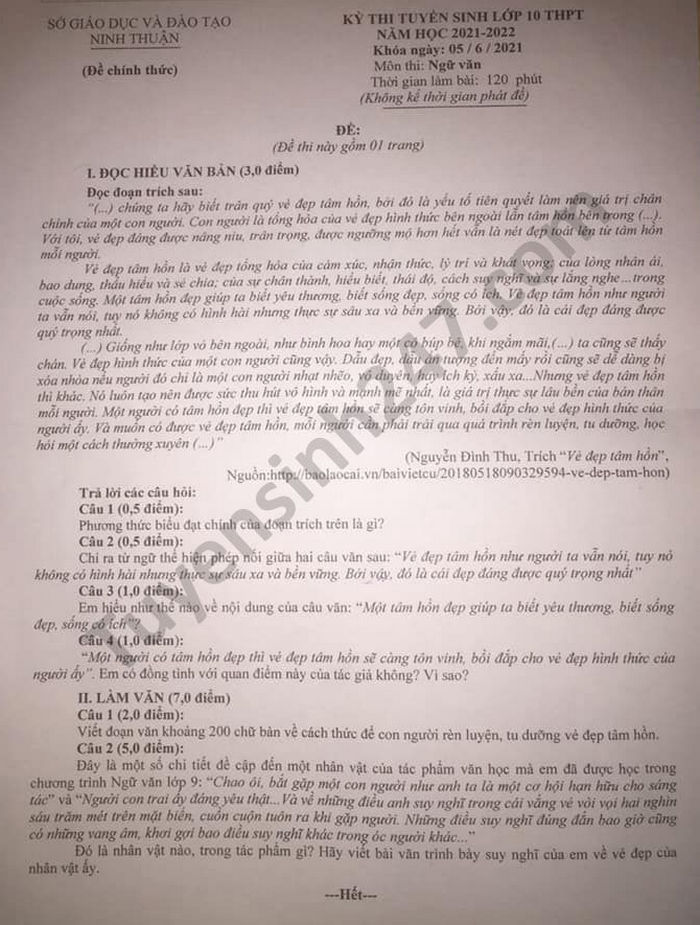 Đề thi tuyển sinh lớp 10 môn Văn 2021 Ninh Thuận