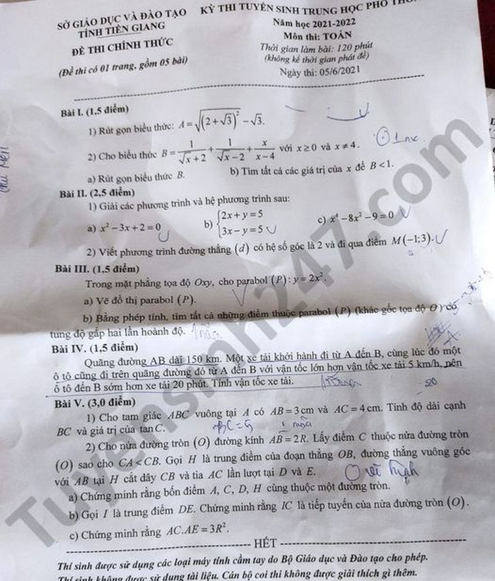 Dap an de thi vao lop 10 tinh Tien Giang mon Toan 2021