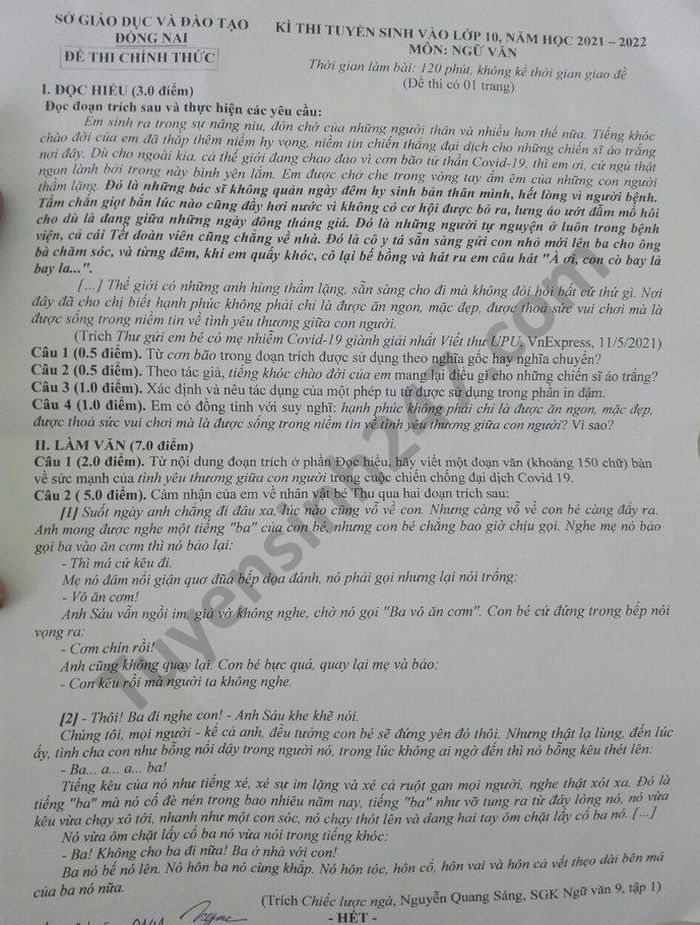 Dap an de thi vao lop 10 tinh Dong Nai mon Van 2021