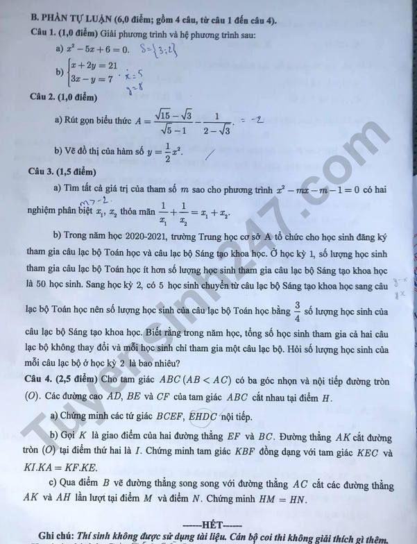 Đề thi tuyển sinh lớp 10 môn Toán 2021 Cần Thơ
