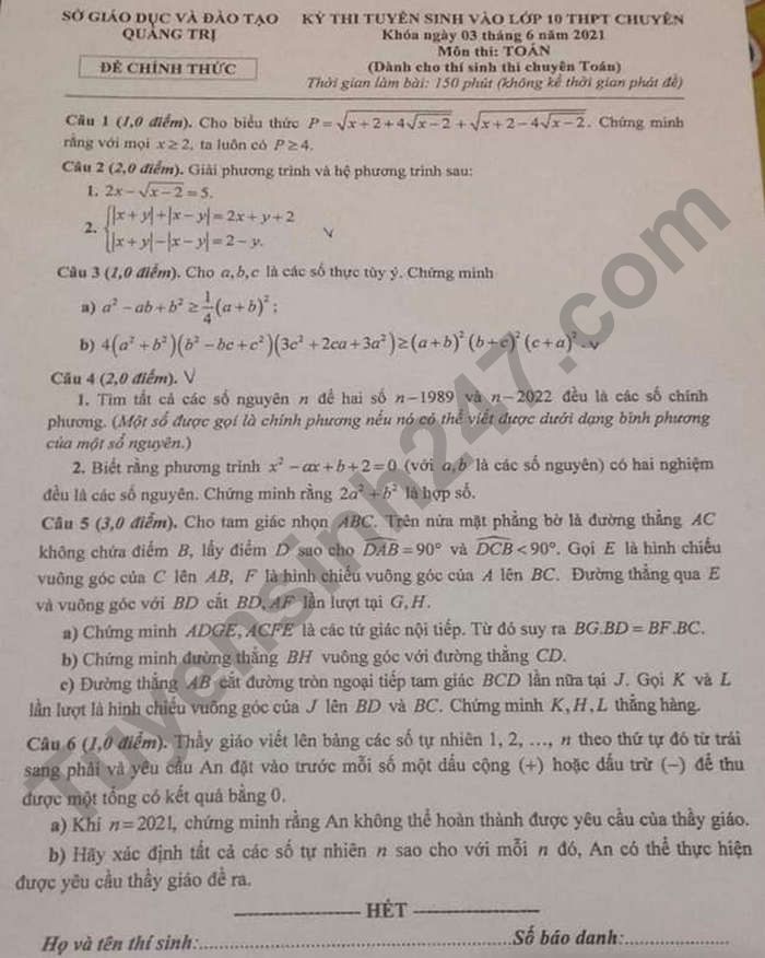 Đề thi tuyển sinh lớp 10 môn Toán 2021 Quảng Trị