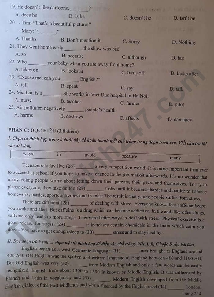 Dap an de thi mon Anh vao lop 10 - tinh Thanh Hoa 2021