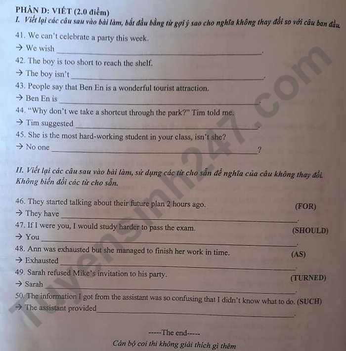 Dap an de thi mon Anh vao lop 10 - tinh Thanh Hoa 2021