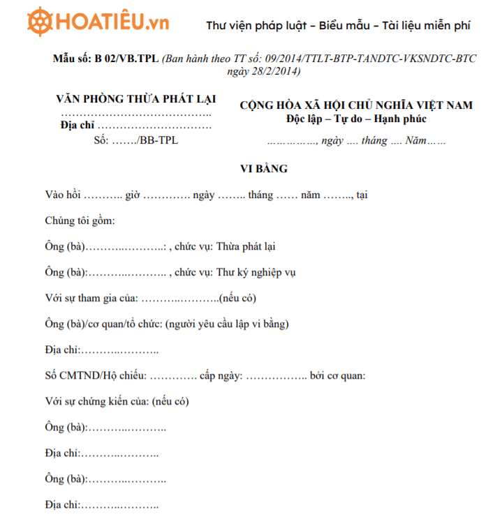 Mẫu B 02/VB.TPL: Vi bằng