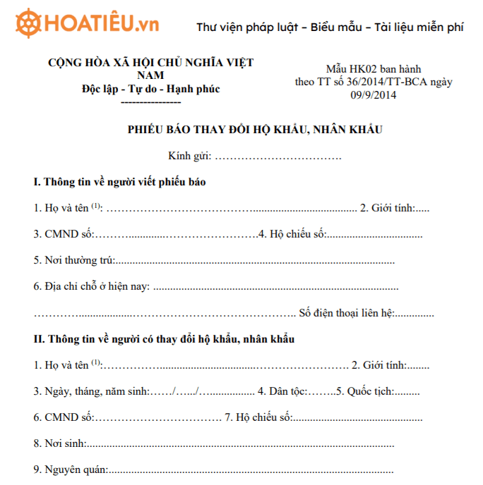 Mẫu đơn xin tách sổ hộ khẩu