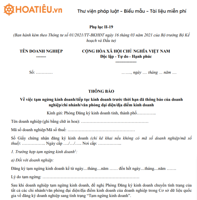 Mẫu thông báo tạm ngừng hoạt động doanh nghiệp - Phụ lục II-19