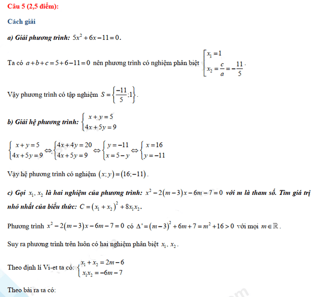Đáp án đề thi tuyển sinh lớp 10 môn Toán Bến Tre 2021