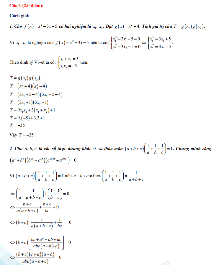 Đáp án đề thi tuyển sinh lớp 10 môn Toán Thái Bình 2021