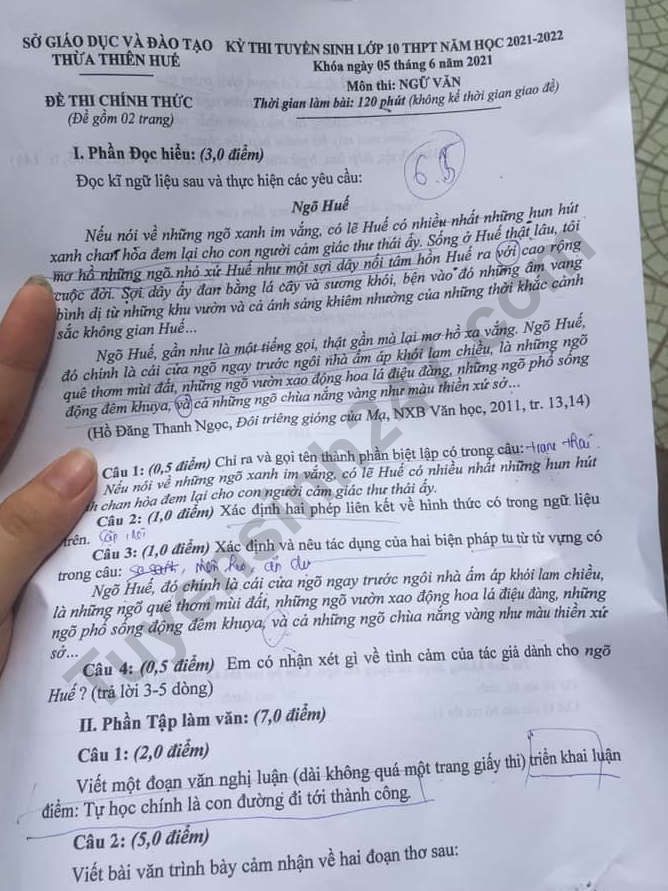 Dap an de thi mon Van vao lop 10 - Thua Thien Hue 2021