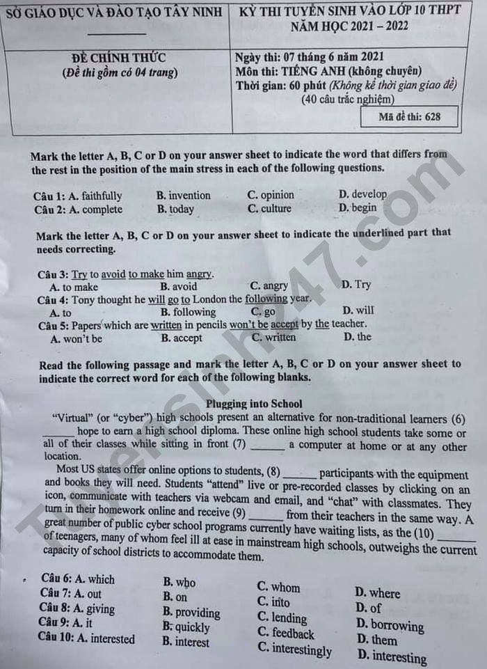 Dap an de thi vao lop 10 mon Anh tinh Tay Ninh nam 2021