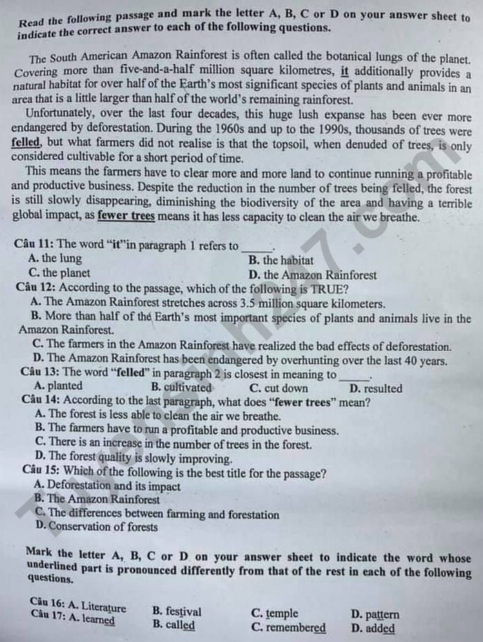 Dap an de thi vao lop 10 mon Anh tinh Tay Ninh nam 2021