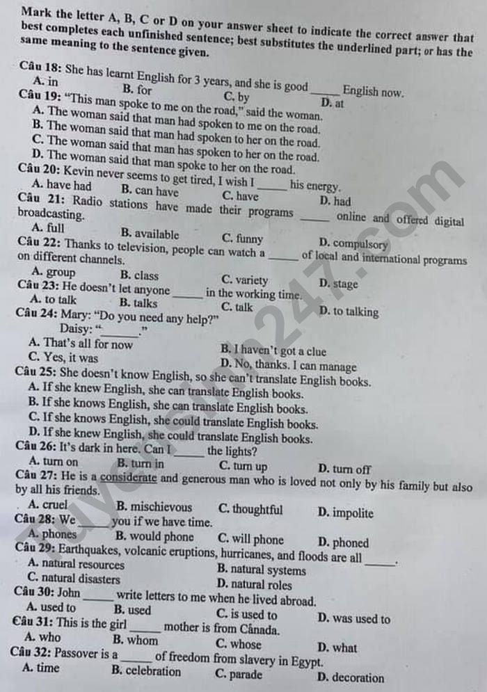 Dap an de thi vao lop 10 mon Anh tinh Tay Ninh nam 2021