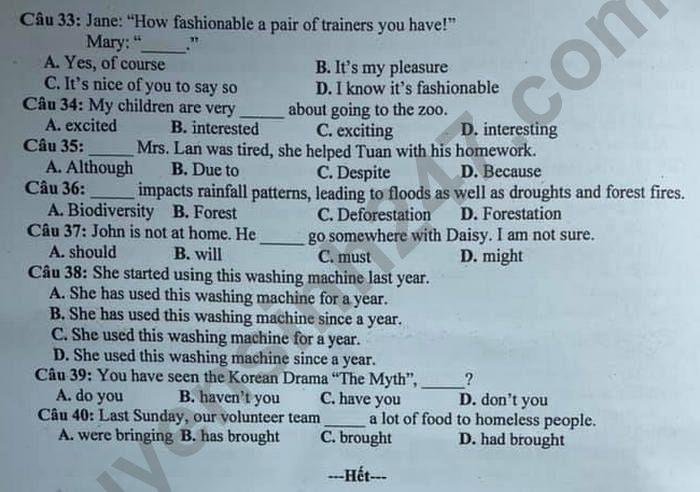 Dap an de thi vao lop 10 mon Anh tinh Tay Ninh nam 2021