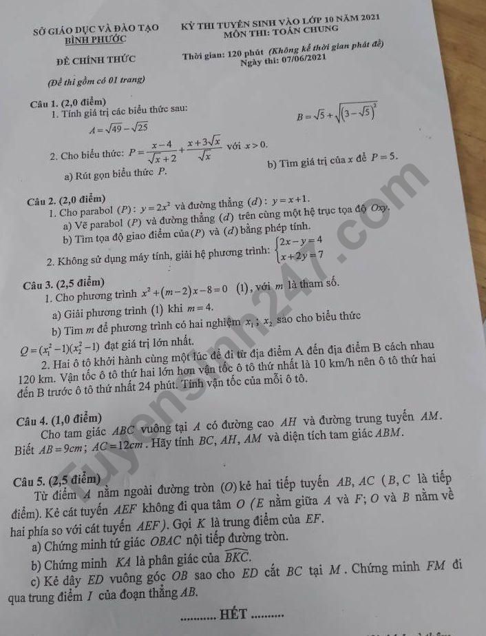 Đề thi tuyển sinh lớp 10 môn Toán 2021 Bình Phước