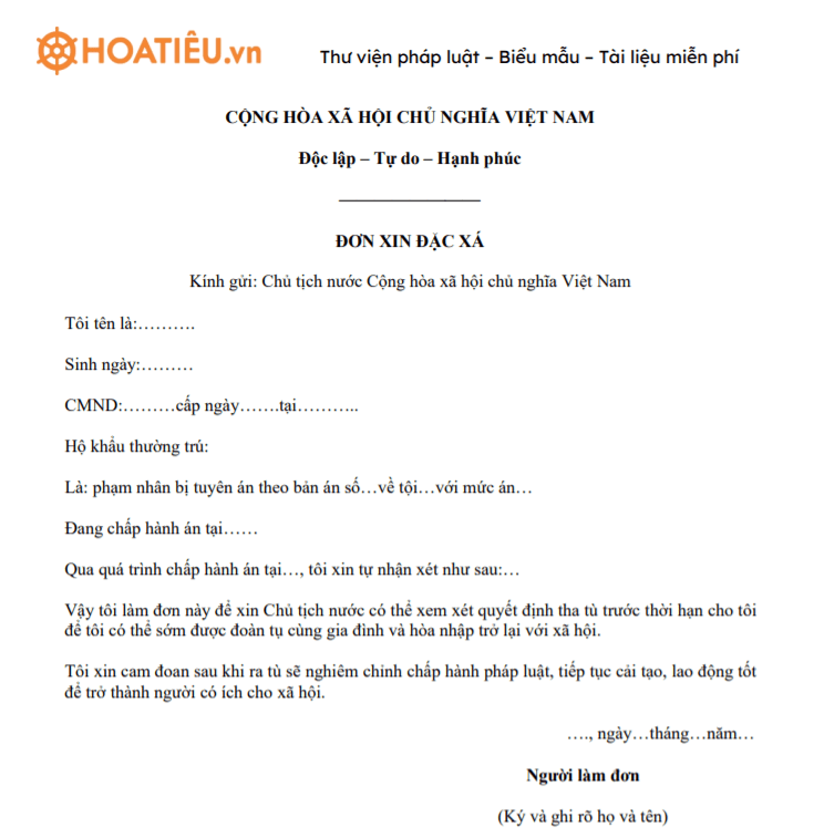 Đơn xin tha tù trước thời hạn