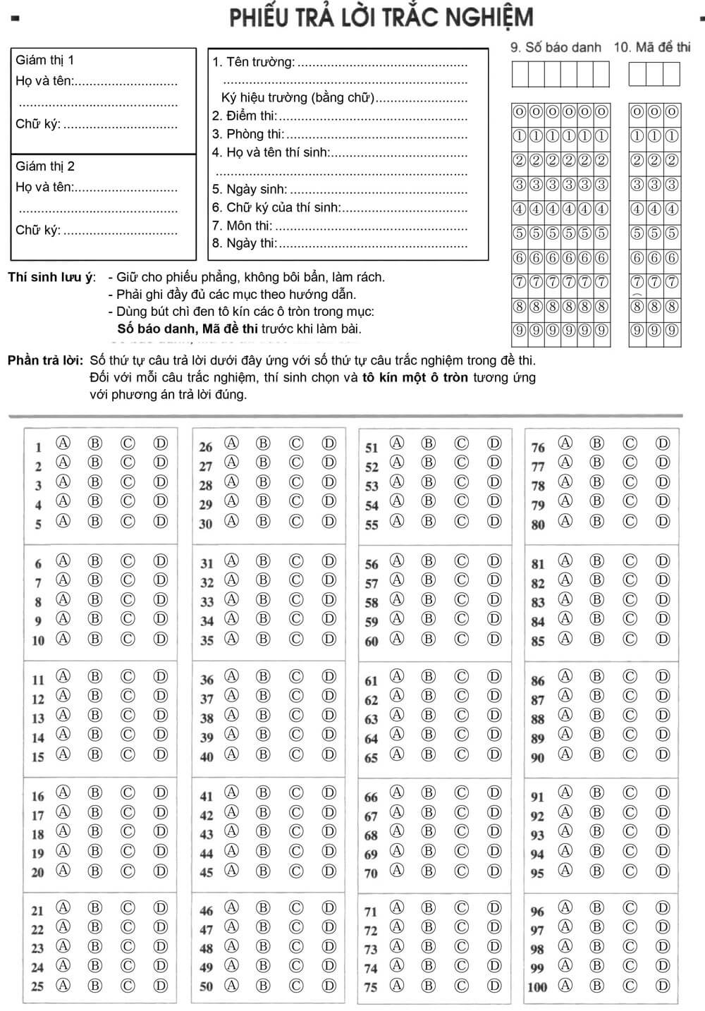 Mẫu phiếu làm bài thi trắc nghiệm 100 câu