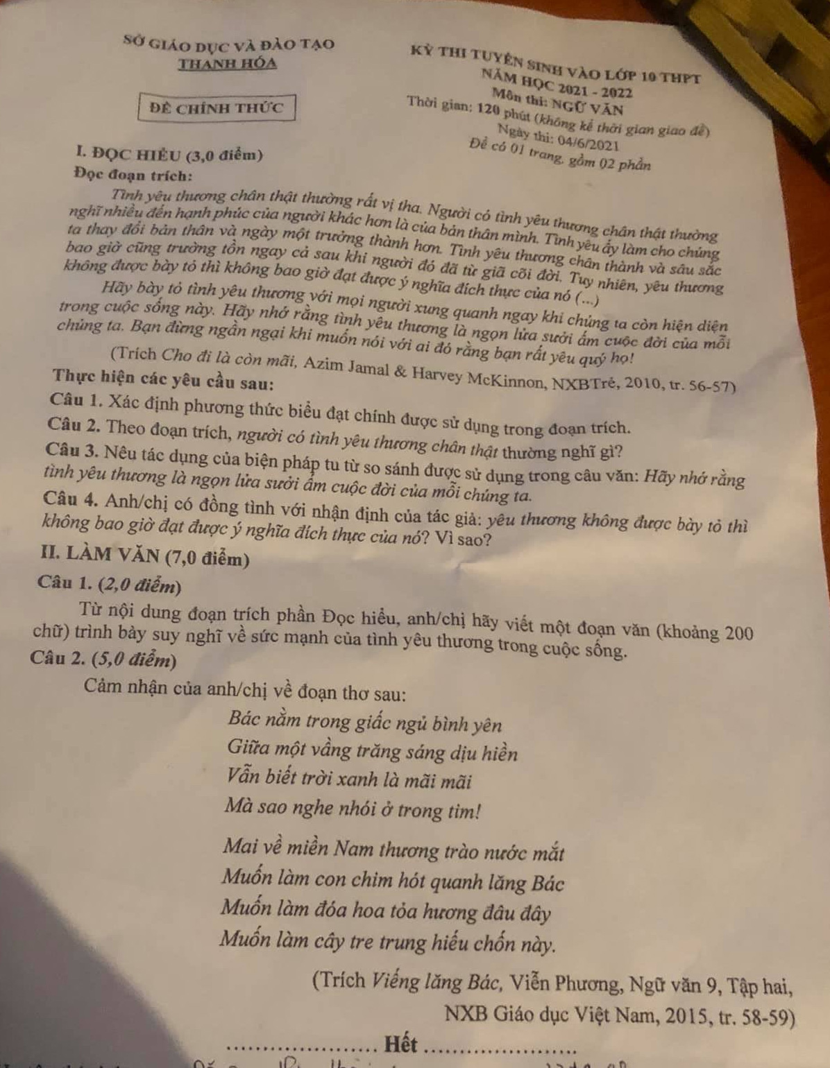 Đề thi vào lớp 10 năm 2021 môn Ngữ văn tỉnh Thanh Hóa