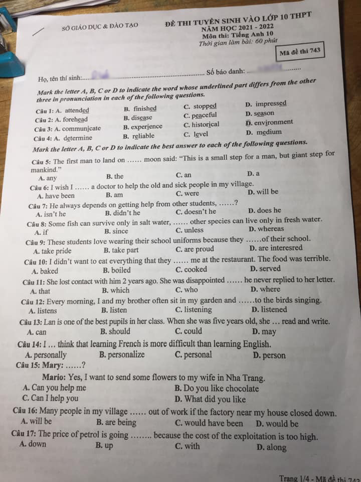 Đề thi tuyển sinh lớp 10 môn Anh 2021 Đắk Nông