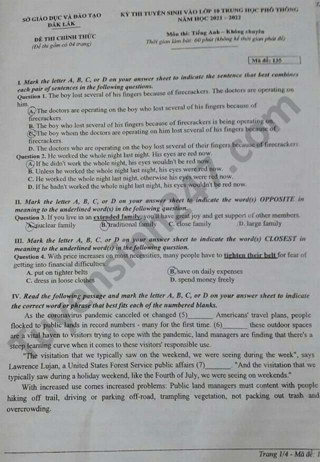 Đề thi tuyển sinh vào lớp 10 môn Anh Đắk Lắk 2021
